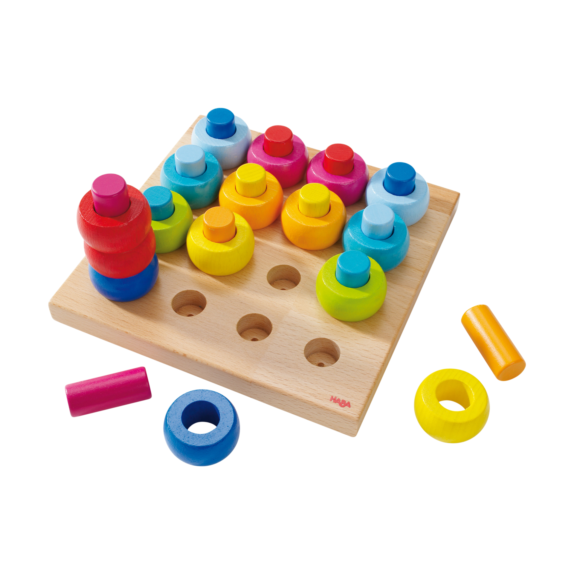 HABA Rainbow Whirls Pegging Game Wooden Toy Set.