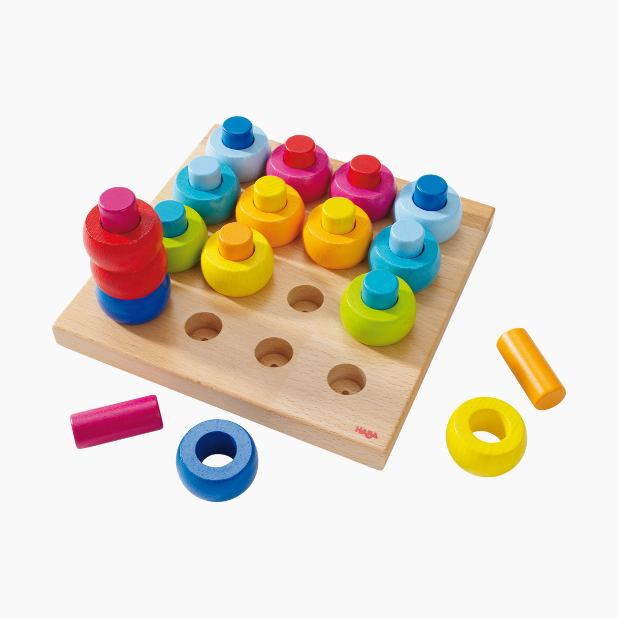 HABA Rainbow Whirls Pegging Game Wooden Toy Set.
