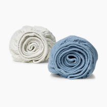 Momcozy Muslin Fitted Mini Crib Sheets, 38"x26", 2 Pack Soft Breathable Natural Cotton Baby Mattress Sheet, 360° Mattress Wrapping No Slip Boys Girls Neutral Toddler Bed Sheet, Grey Blue
