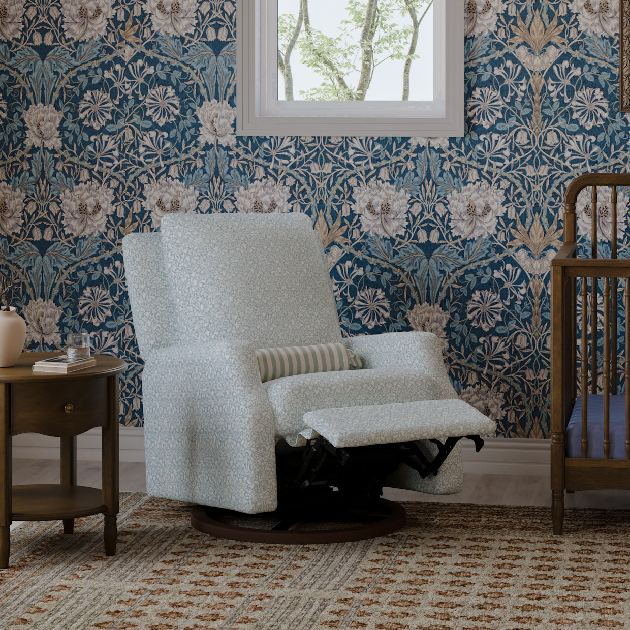 Namesake Morris & Co. x Namesake Crewe Recliner and Swivel Glider - Bellflowers In Powdered Blue Performance Eco-Weave.