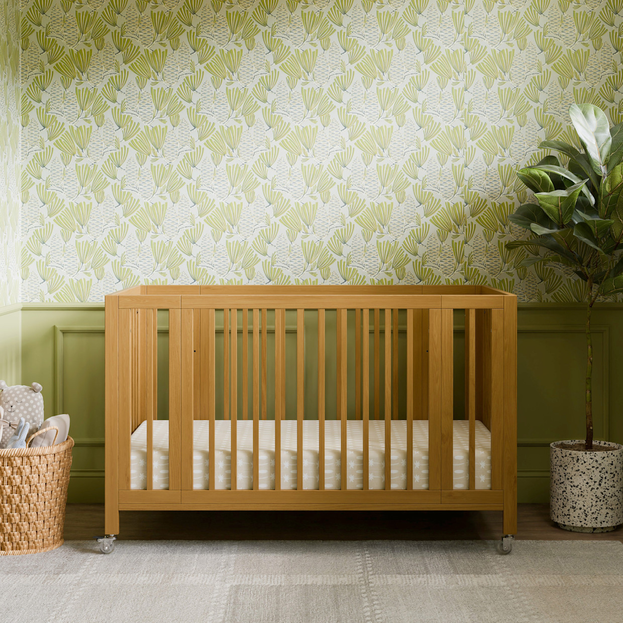babyletto Rolli 9-in-1 Convertible All-Stages Crib with Bassinet & Toddler Bed Conversion Kits - Honey.