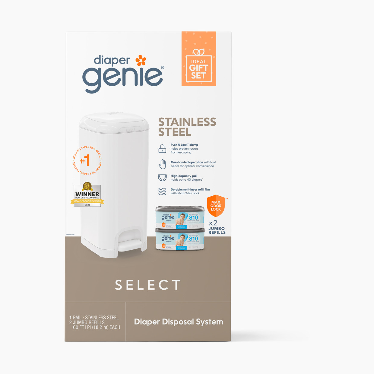 Diaper Genie Stainless Steel Select Pail Gift Set with 2 Jumbo Refills - White, Unscented.