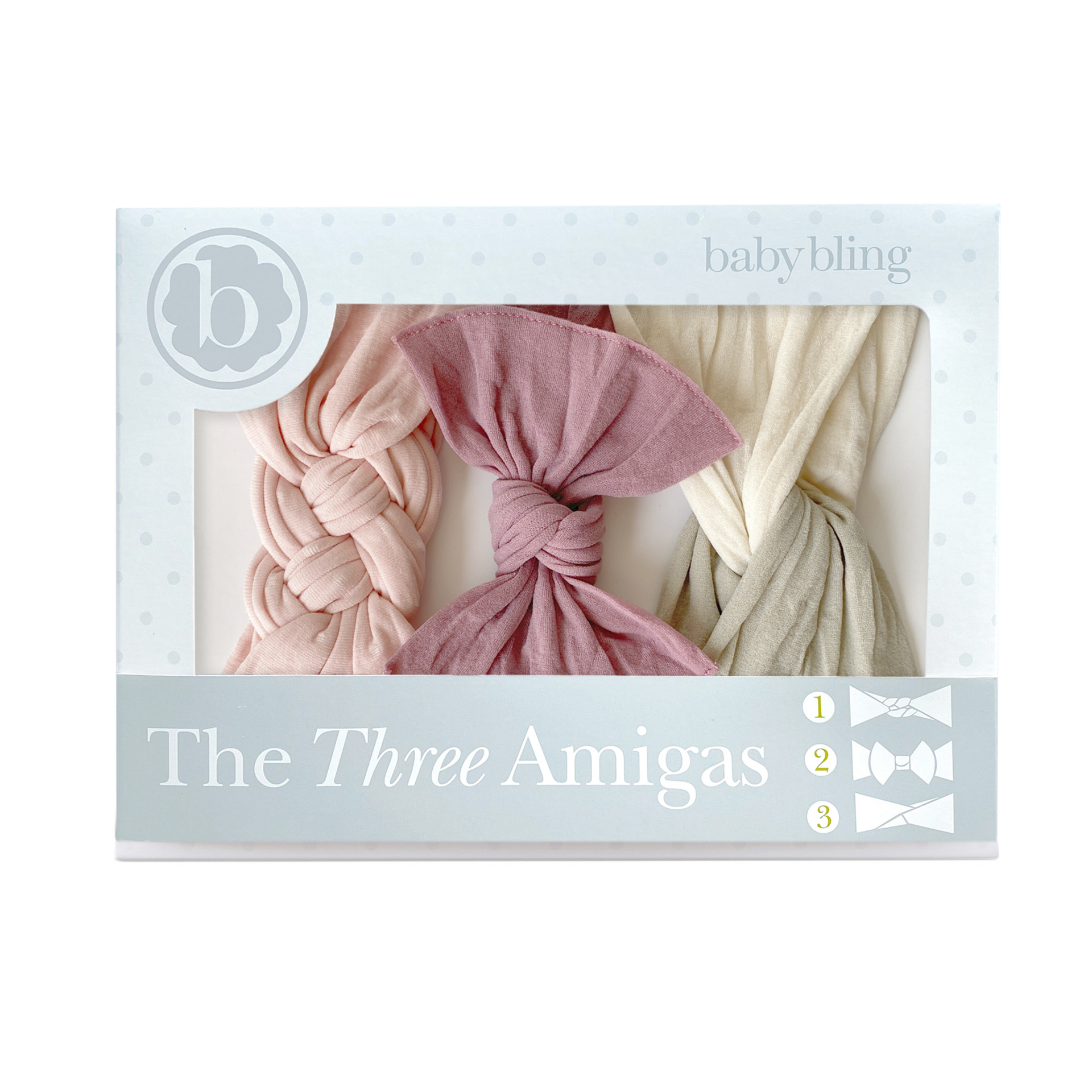 Baby Bling The Three Amigas Headband Bow Gift Set (3 Pack) - Mauve/Rose Quartz Dot/Mushroom + Oat.
