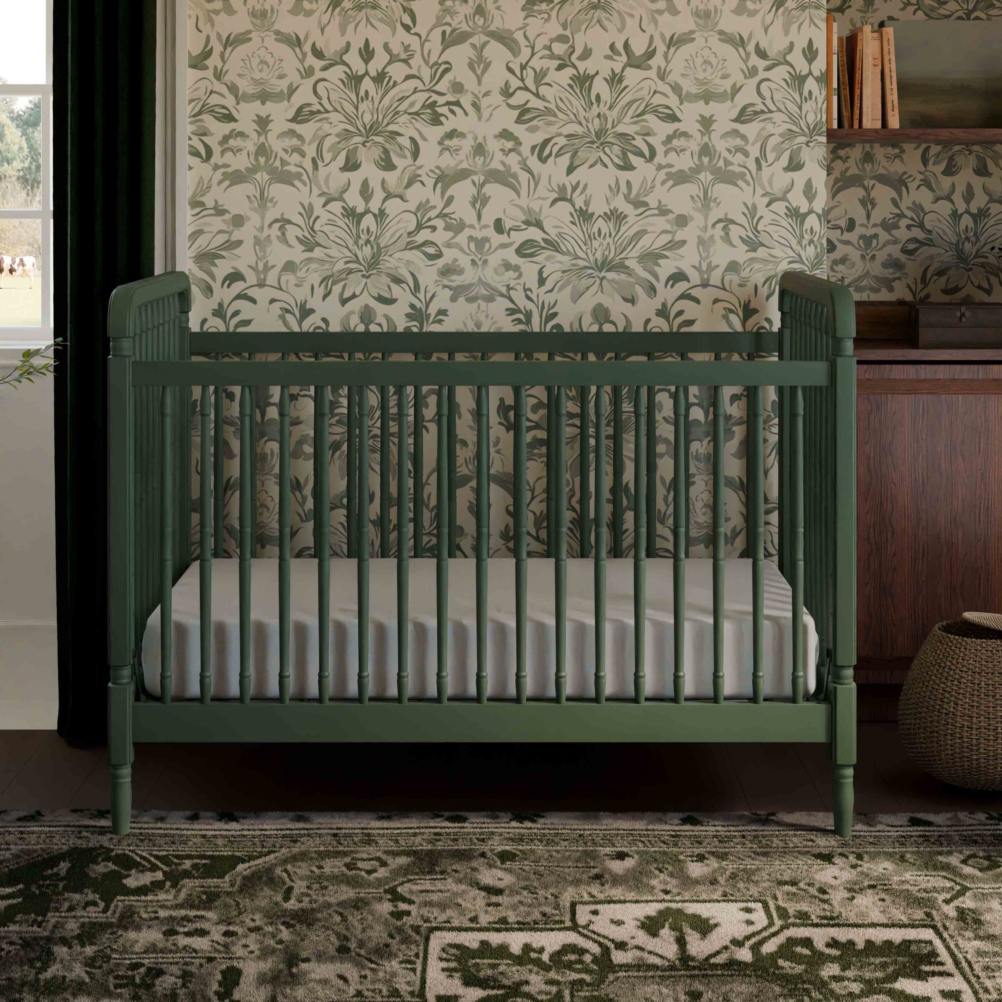 Namesake Liberty 3-in-1 Spindle Crib with Toddler Bed Conversion Kit - Forest Green.