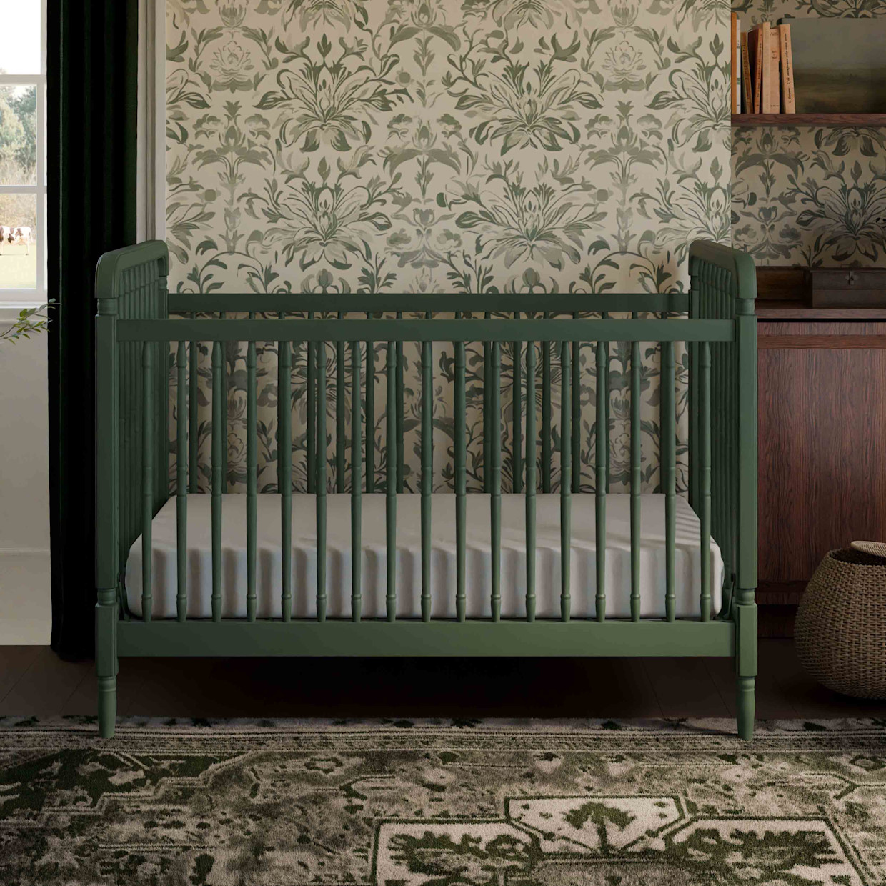 Namesake Liberty 3-in-1 Spindle Crib with Toddler Bed Conversion Kit - Forest Green.