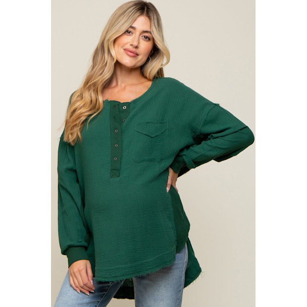 Pink Blush Forest Green Lightweight Button Front Tunic Top.