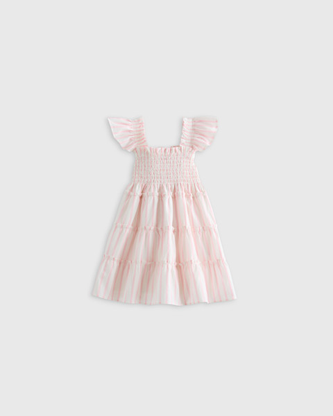 Quince 100% Organic Cotton Poplin Smocked Dress - Baby Girl in Pink Stripe.
