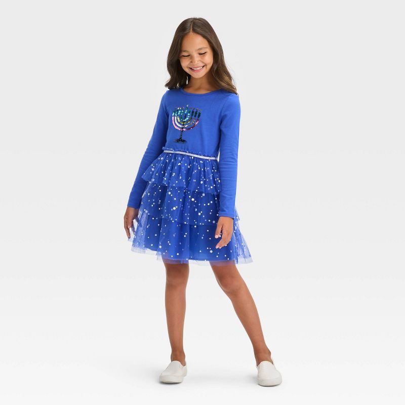 Cat & Jack Long Sleeve Menorah Tiered Hanukkah Tulle Dress.