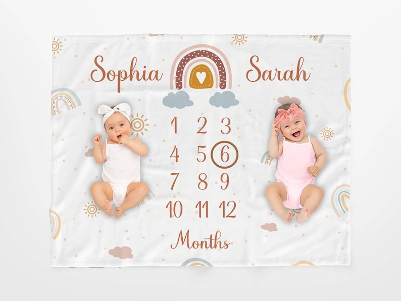 Crafts Stitches Custom Milestone Blanket for Twins.