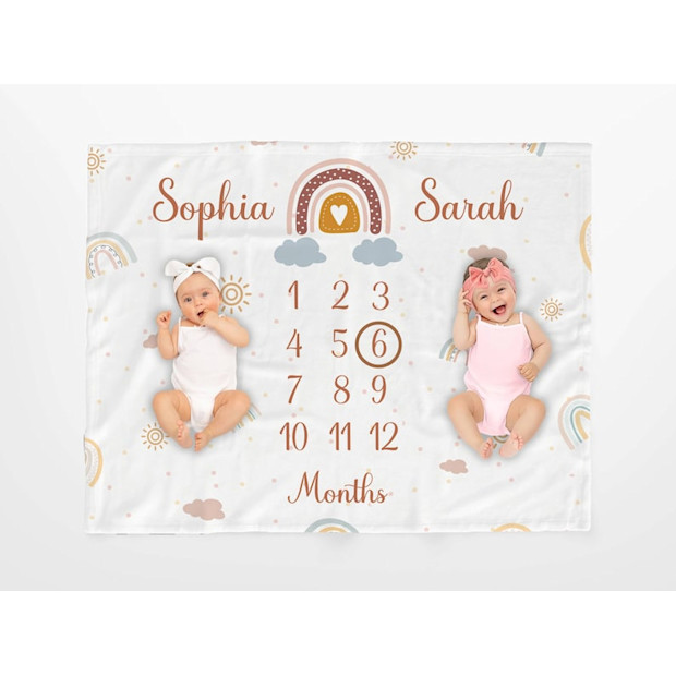 Crafts Stitches Custom Milestone Blanket for Twins.