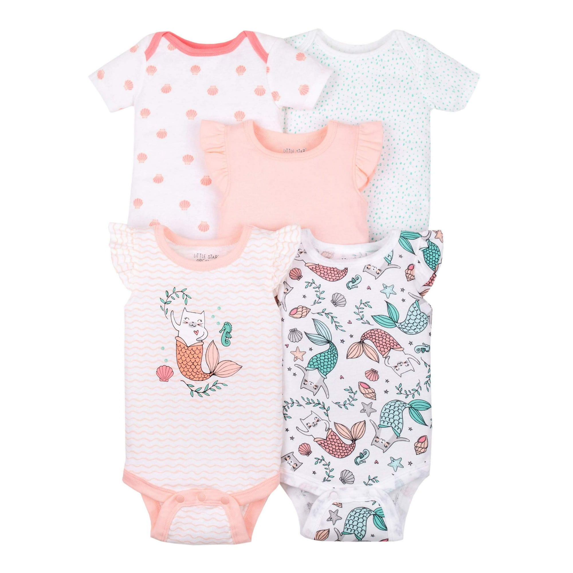 Little Star Organic Baby Girl Short Sleeve Bodysuit, 5-pack .