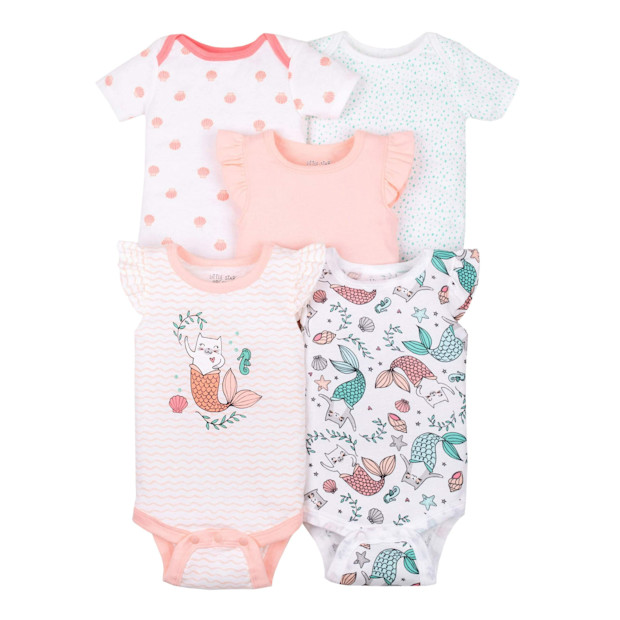 Little Star Organic Baby Girl Short Sleeve Bodysuit, 5-pack .