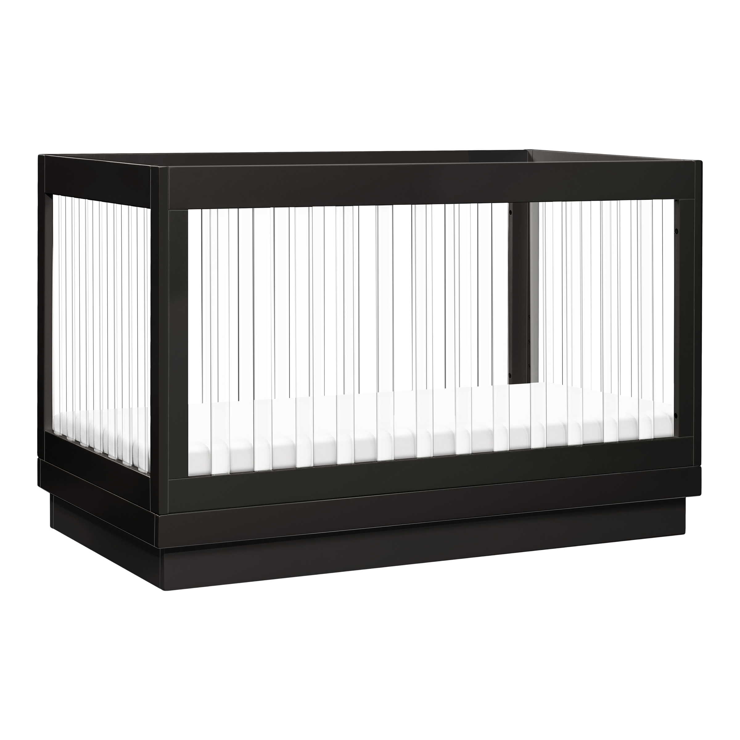 babyletto Harlow Acrylic 3-in-1 Convertible Crib with Toddler Bed Conversion Kit - Black With Black Base And Acrylic Slats.