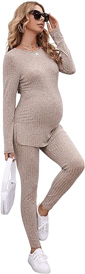 SOLY HUX  Women's Maternity Sets 2 piece Outfits Long Sleeve Split Hem Top and Adjustable Elastic Waist Pants .