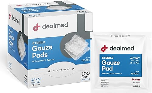 Dealmed 4’’ x 4’’ Sterile Gauze Pads (100 Count).