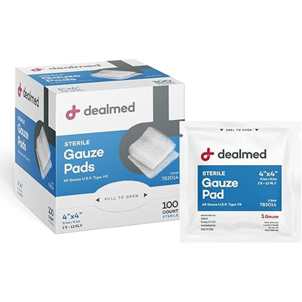 Dealmed 4’’ x 4’’ Sterile Gauze Pads (100 Count).