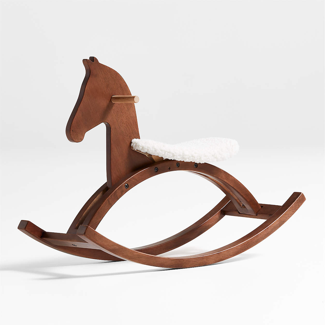 Deep Brown Wooden Kids Rocking Horse with Sherpa Seat.