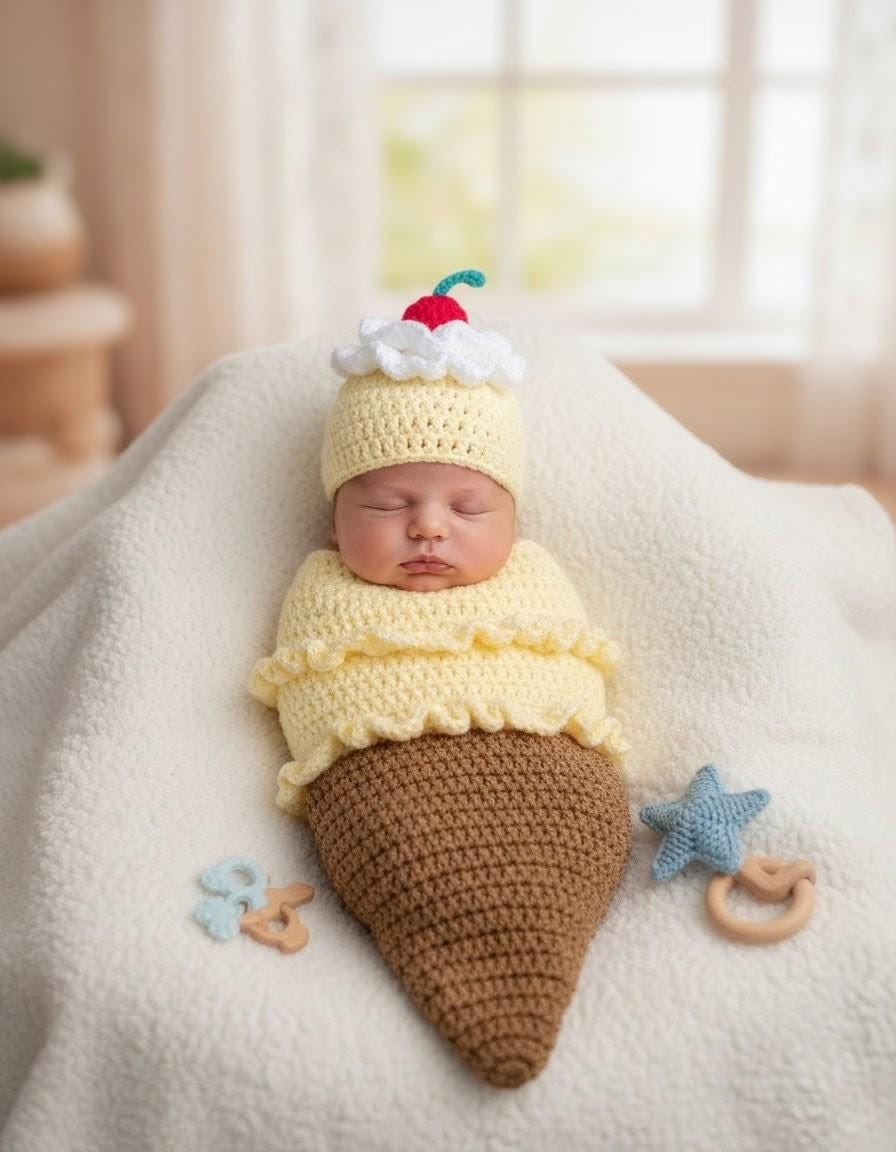 Carries Hook Crafts Crochet Baby Ice Cream Cone Halloween Costume.