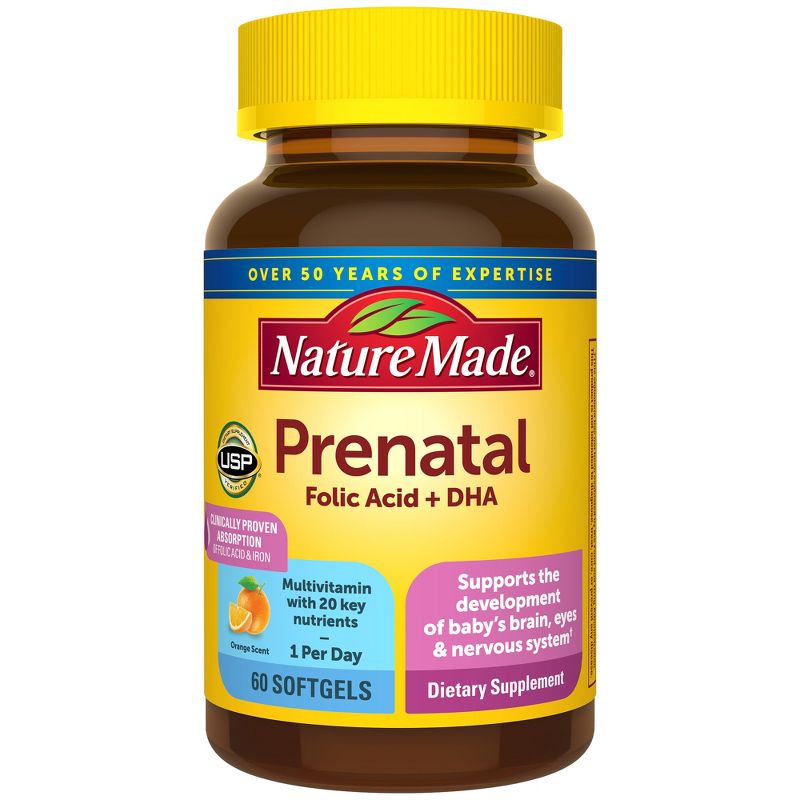 Nature Made  Prenatal with Folic Acid + DHA, Prenatal Vitamin and Mineral Supplement Softgels.