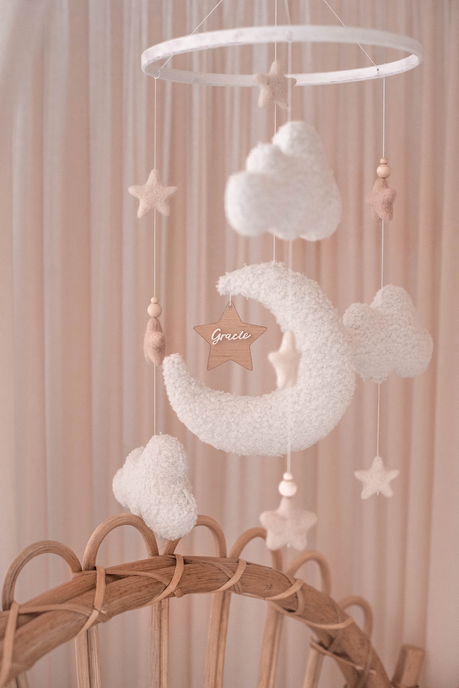 Boucle Baby Mobile with Pink Stars.
