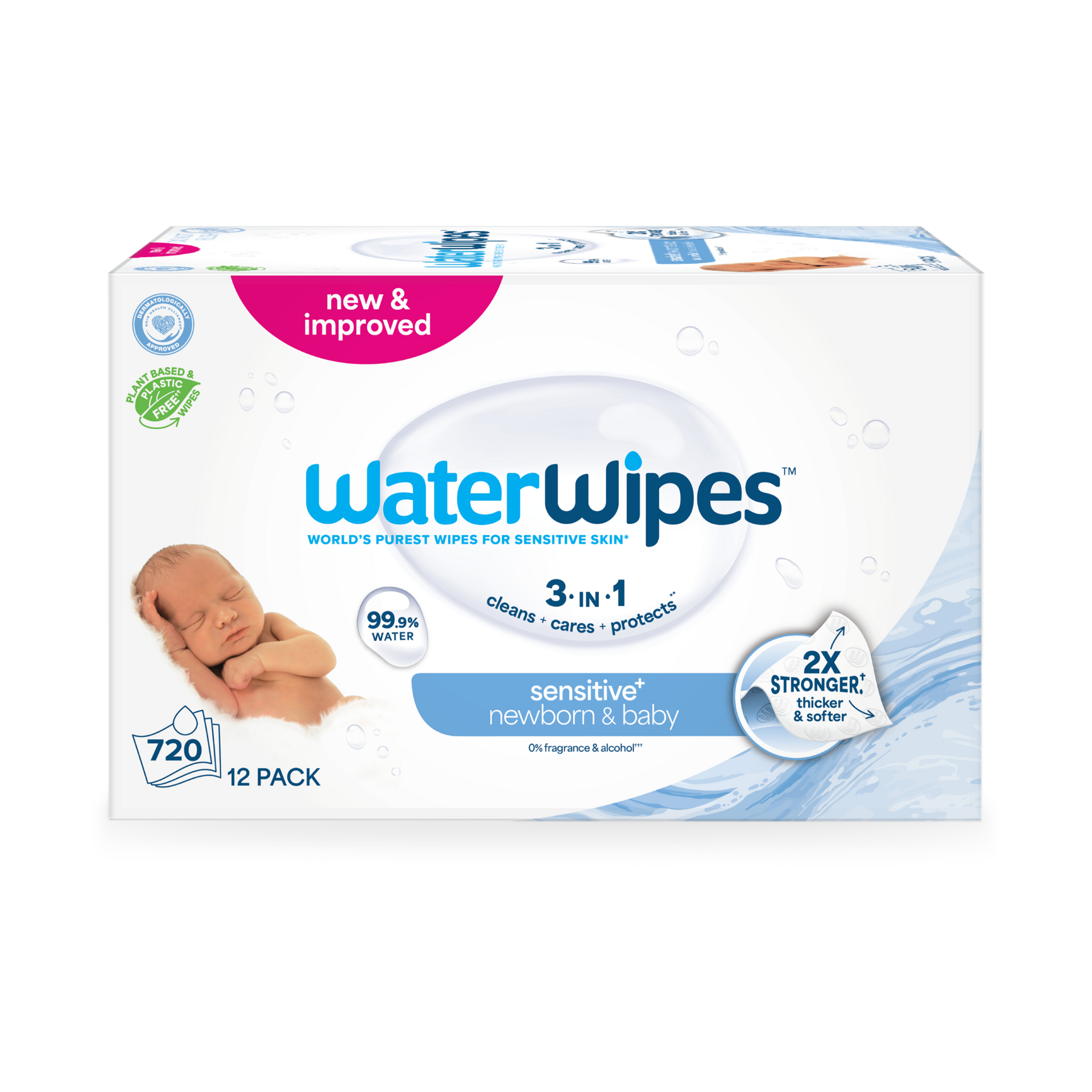 WaterWipes Plastic-Free Original Baby Wipes, 99.9% Water Based Wipes, Unscented & Hypoallergenic for Sensitive Skin, 60 Count (Pack of 12), Packaging May Vary