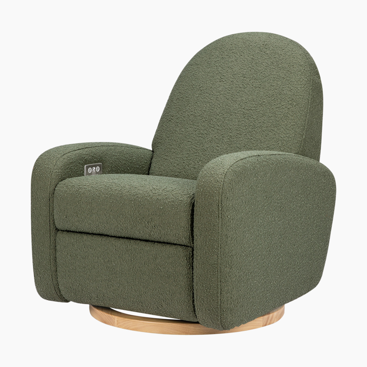 babyletto Nami Electronic Recliner and Swivel Glider - Olive Boucle With Light Wood Base.