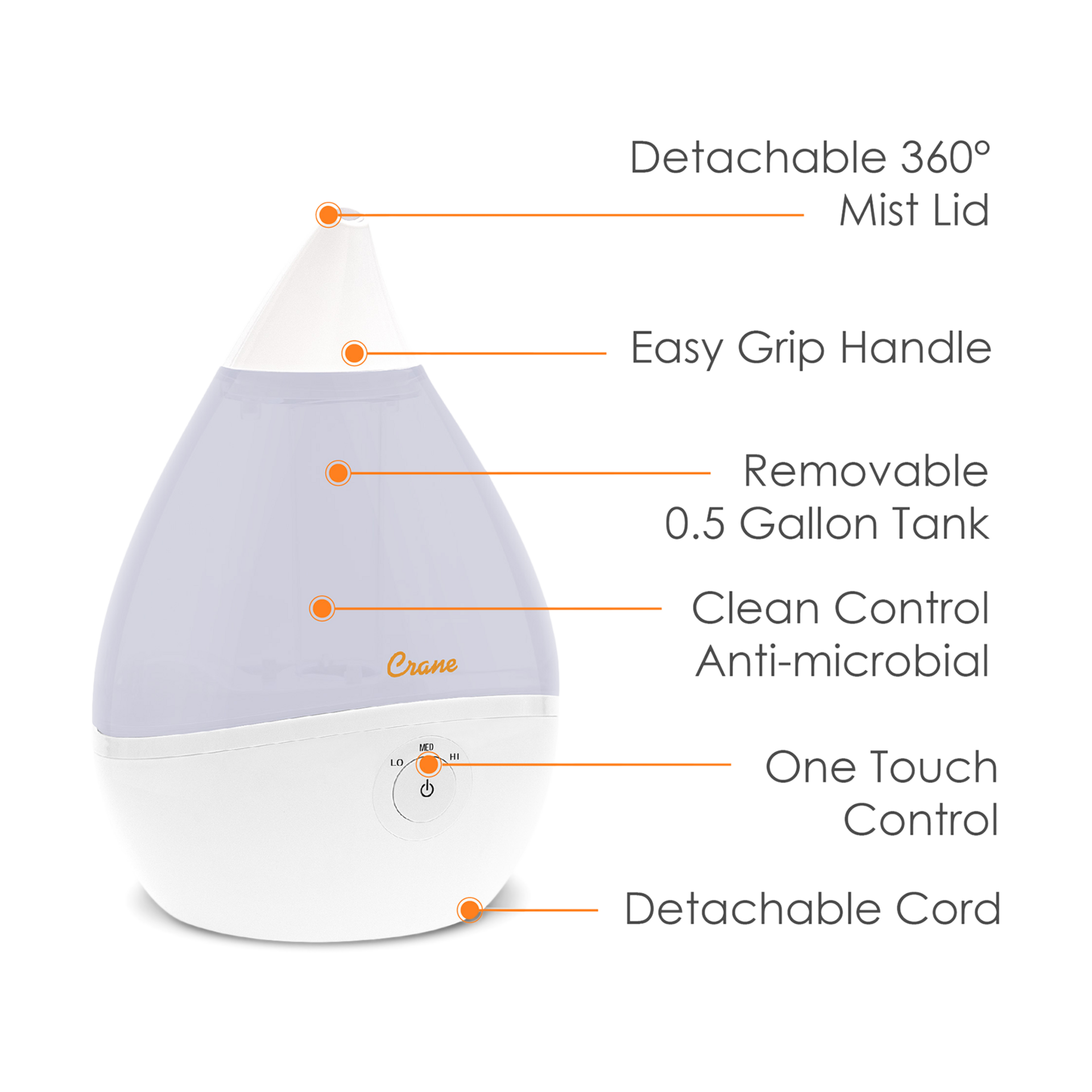 Crane Droplet Ultrasonic Cool Mist Humidifier - 0.5 Gallon).