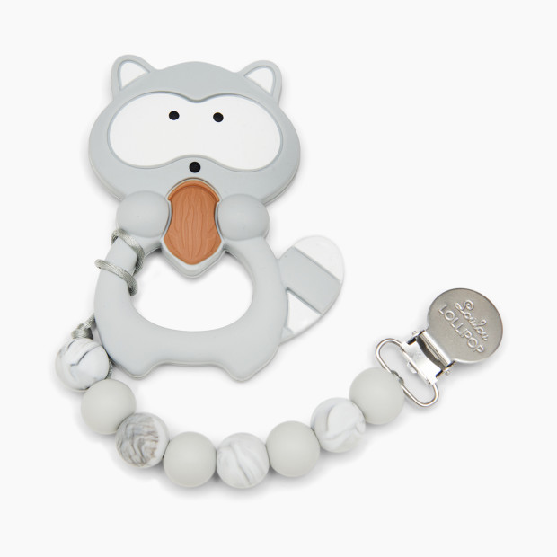Loulou Lollipop Silicone Teether with Metal Clip - Grey Raccoon.