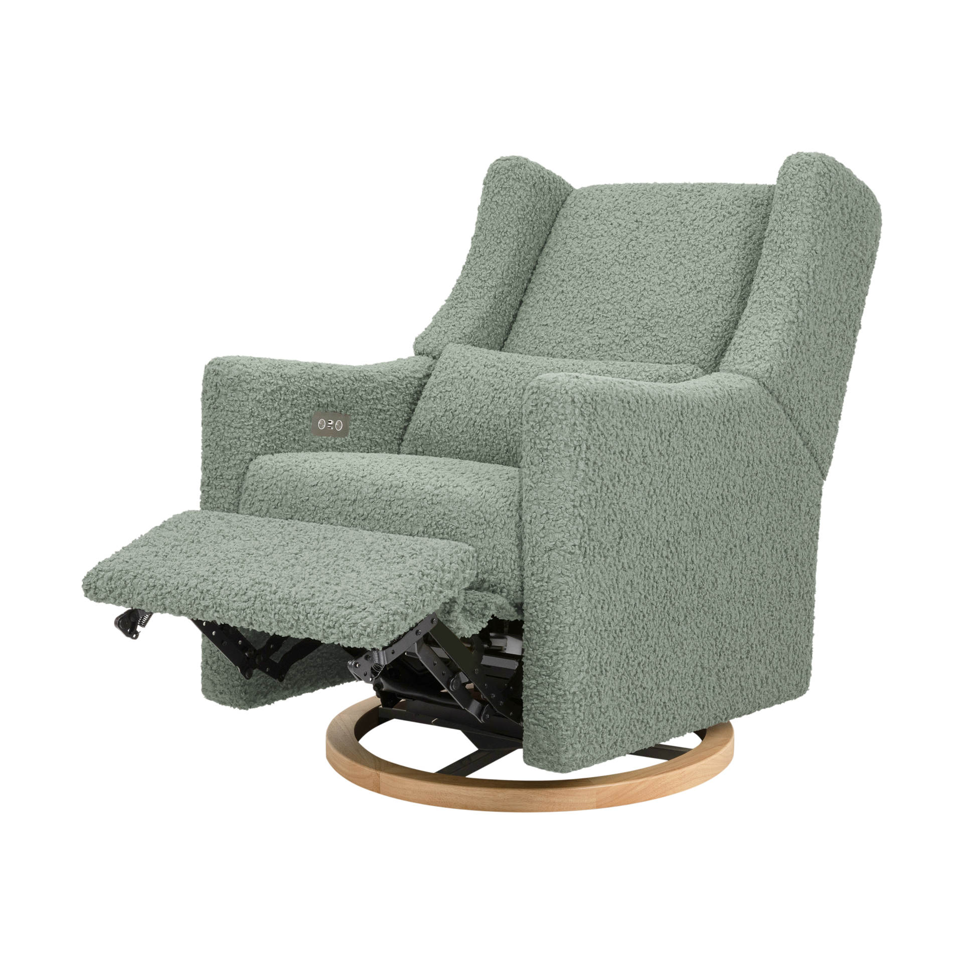 babyletto Kiwi Electronic Recliner and Swivel Glider - Sage Teddy Loop With Light Wood Base.