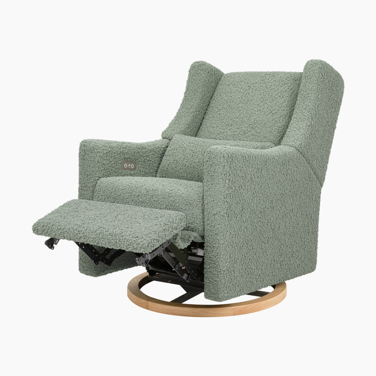 babyletto Kiwi Electronic Recliner and Swivel Glider - Sage Teddy Loop With Light Wood Base.