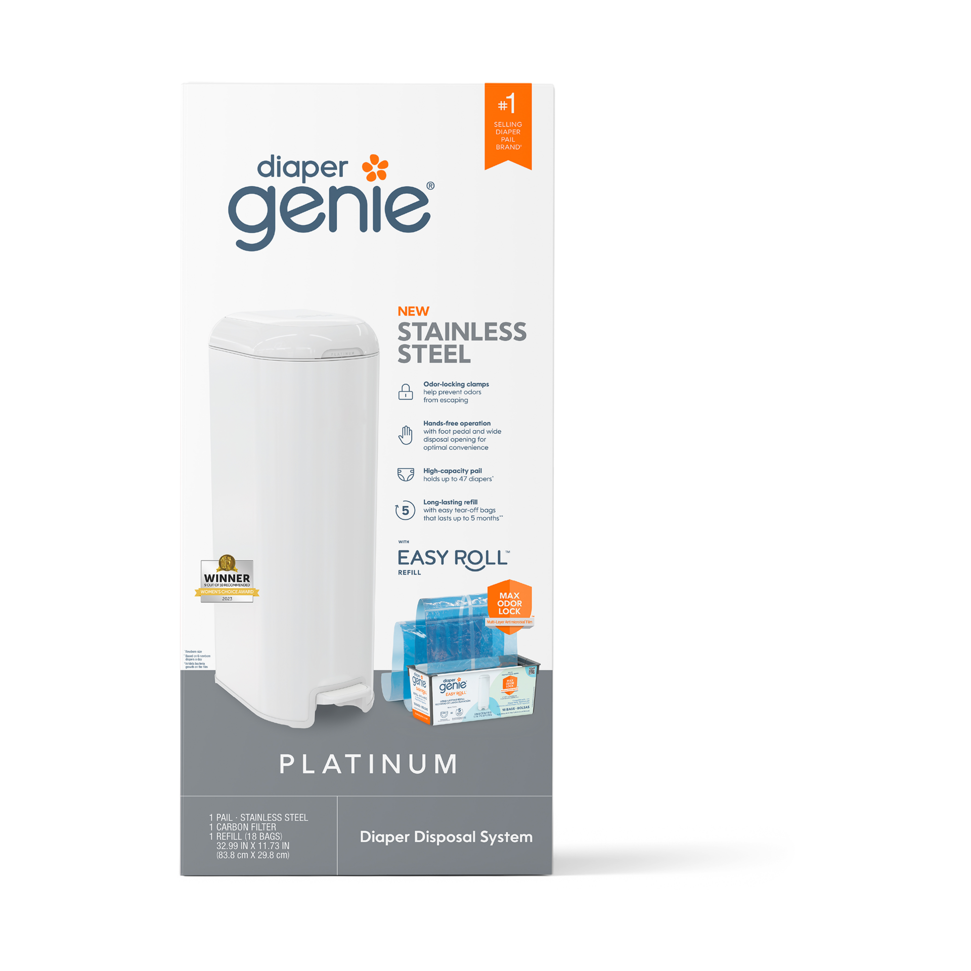 Diaper Genie Platinum Stainless Steel Diaper Pail with Easy Roll Refill