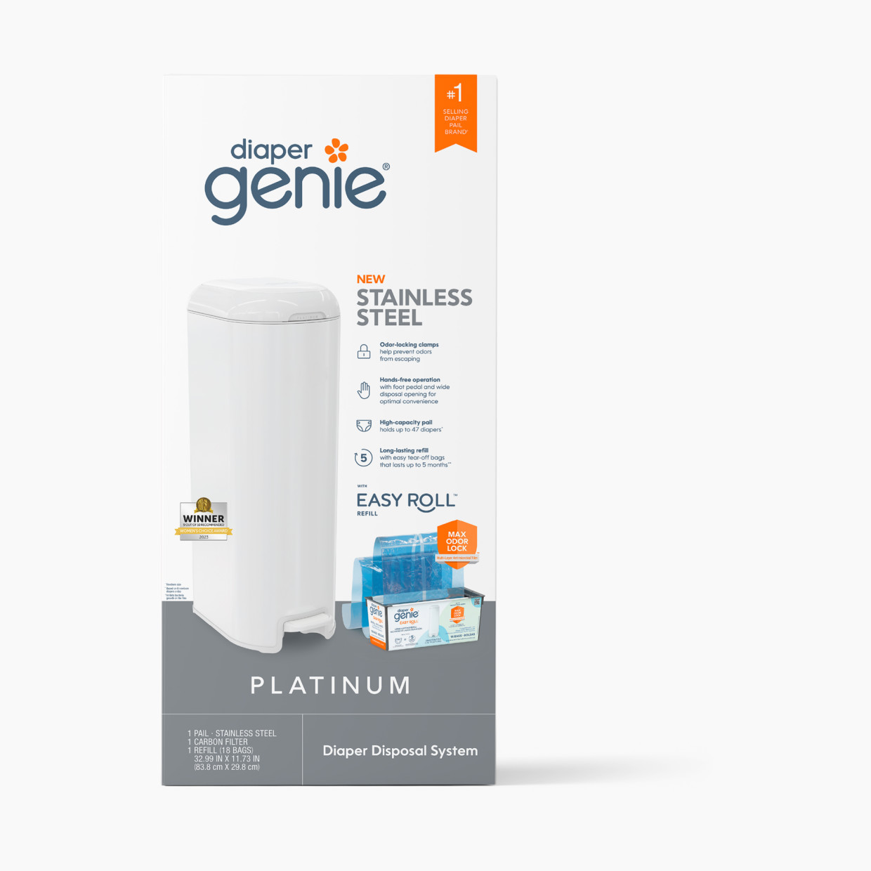 Diaper Genie Platinum Stainless Steel Diaper Pail with Easy Roll Refill Bags - White, Unscented.