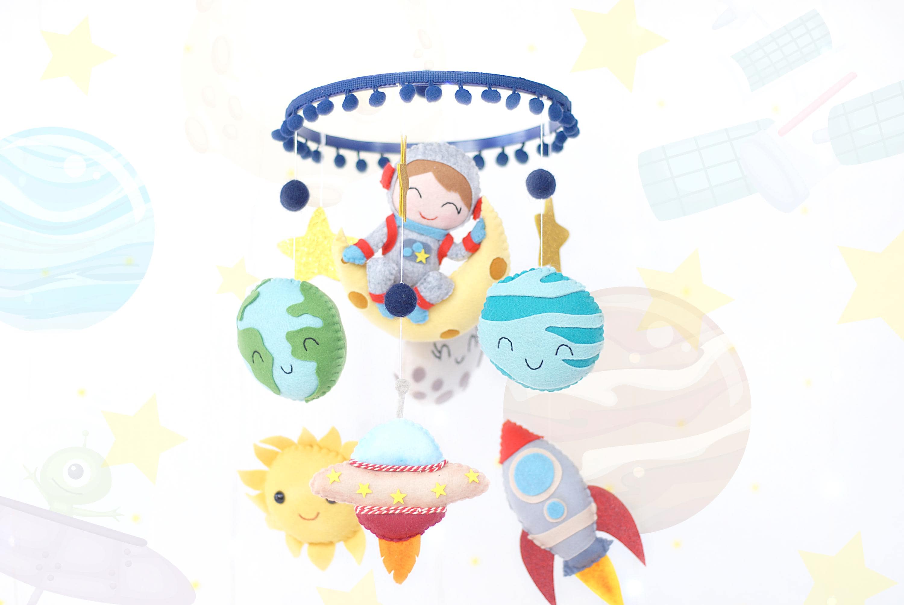 ByByKids Felt Space Mobile: Astronaut, Planets, Rocket - Nursery Decor.