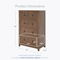 Dimensions and details of the wooden chest of drawers.