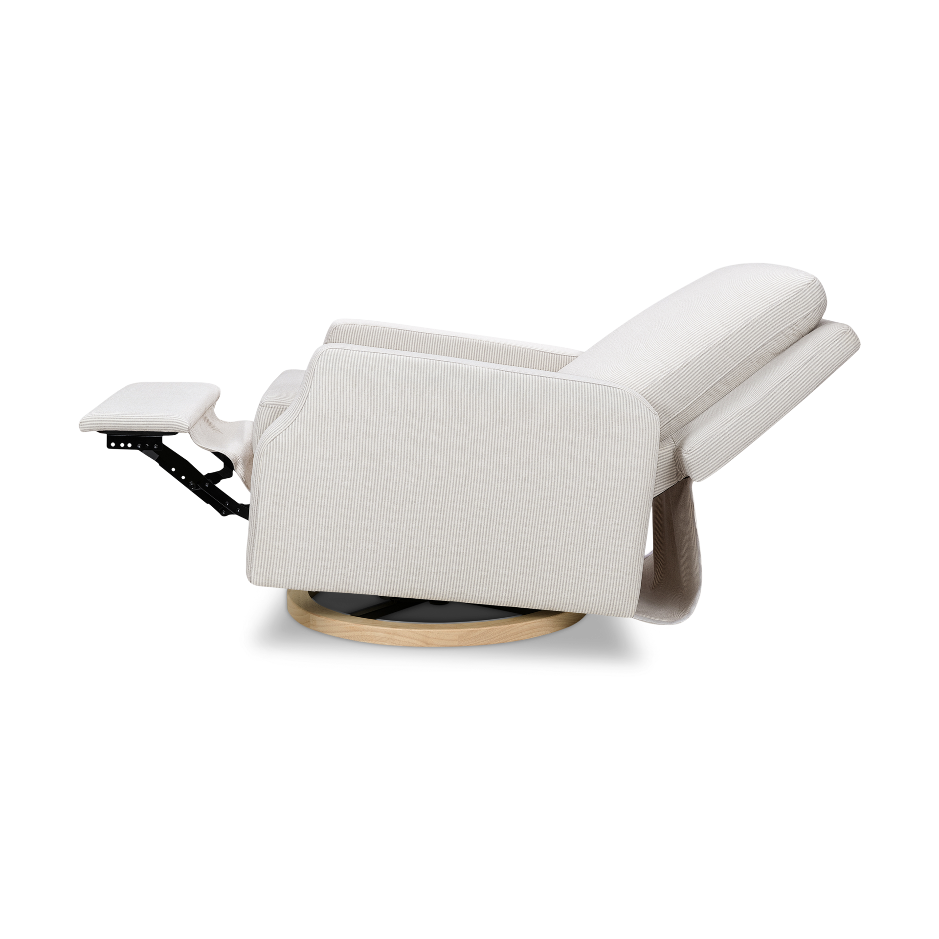 Namesake Crewe Electronic Recliner and Swivel Glider - Fog Chatham Stripe Performance Eco-Weave With Light Wood Base.