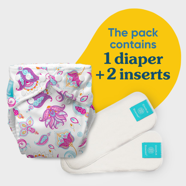 Charlie Banana One-size Reusable Cloth Diaper with 2 Reusable Inserts - Cotton Bliss.