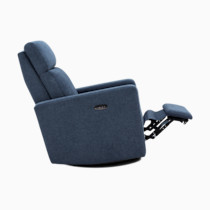 Blue glider chair with extended footrest viewed from side