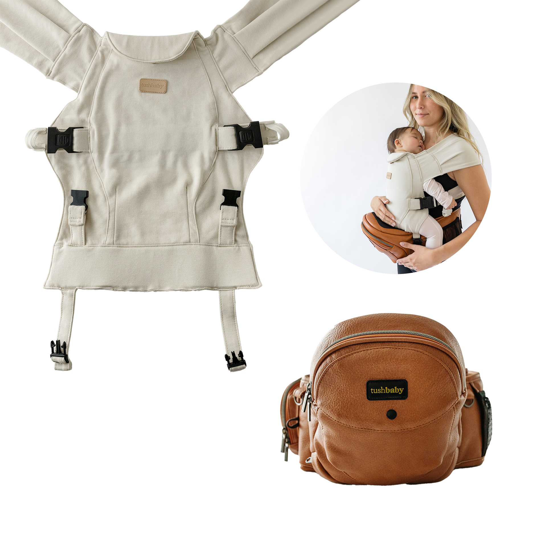 Tushbaby Hip Seat and Snug Carrier 2-in-1 Bundle - Cognac Vegan Leather, Cream Snug Carrier.