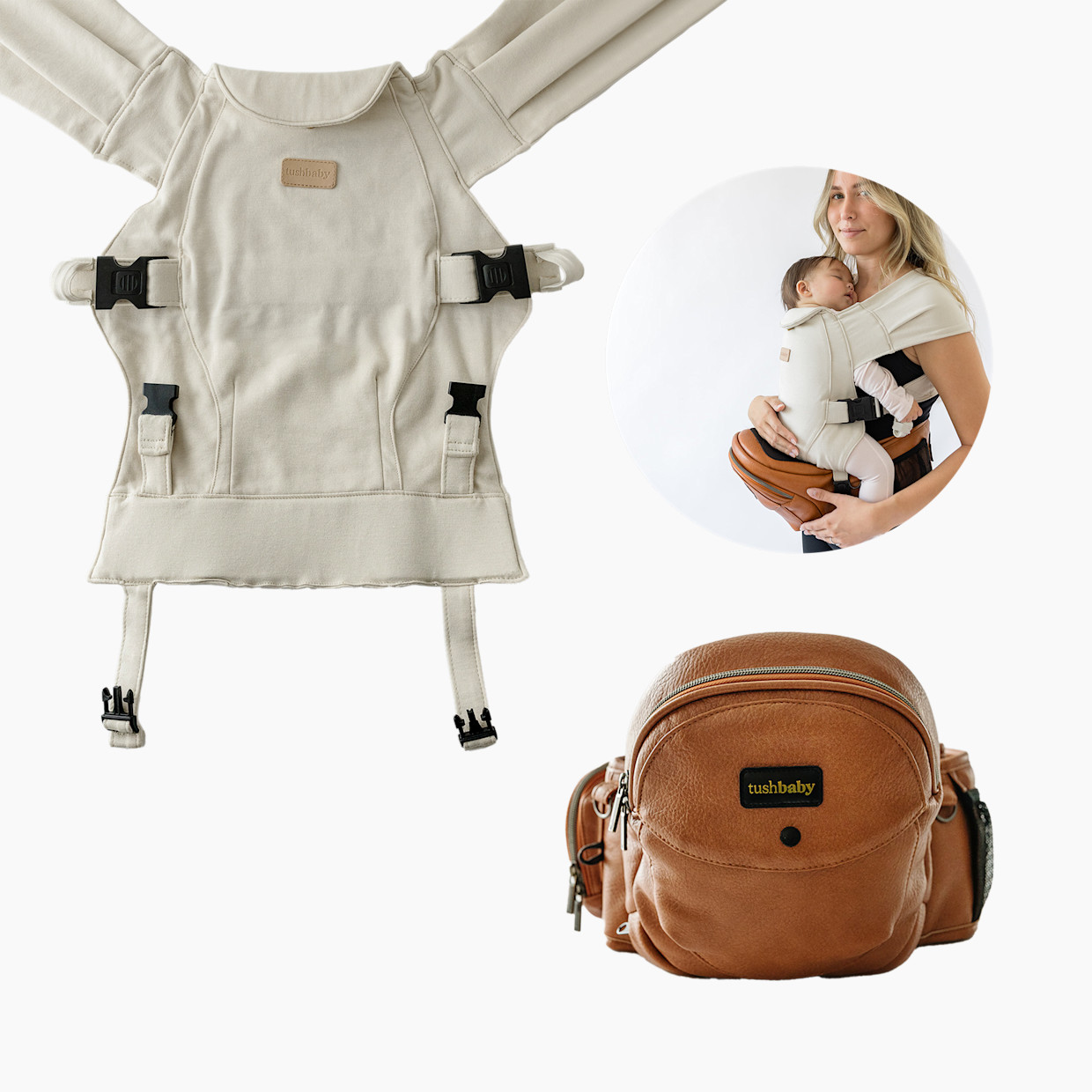 Tushbaby Hip Seat and Snug Carrier 2-in-1 Bundle - Cognac Vegan Leather, Cream Snug Carrier.