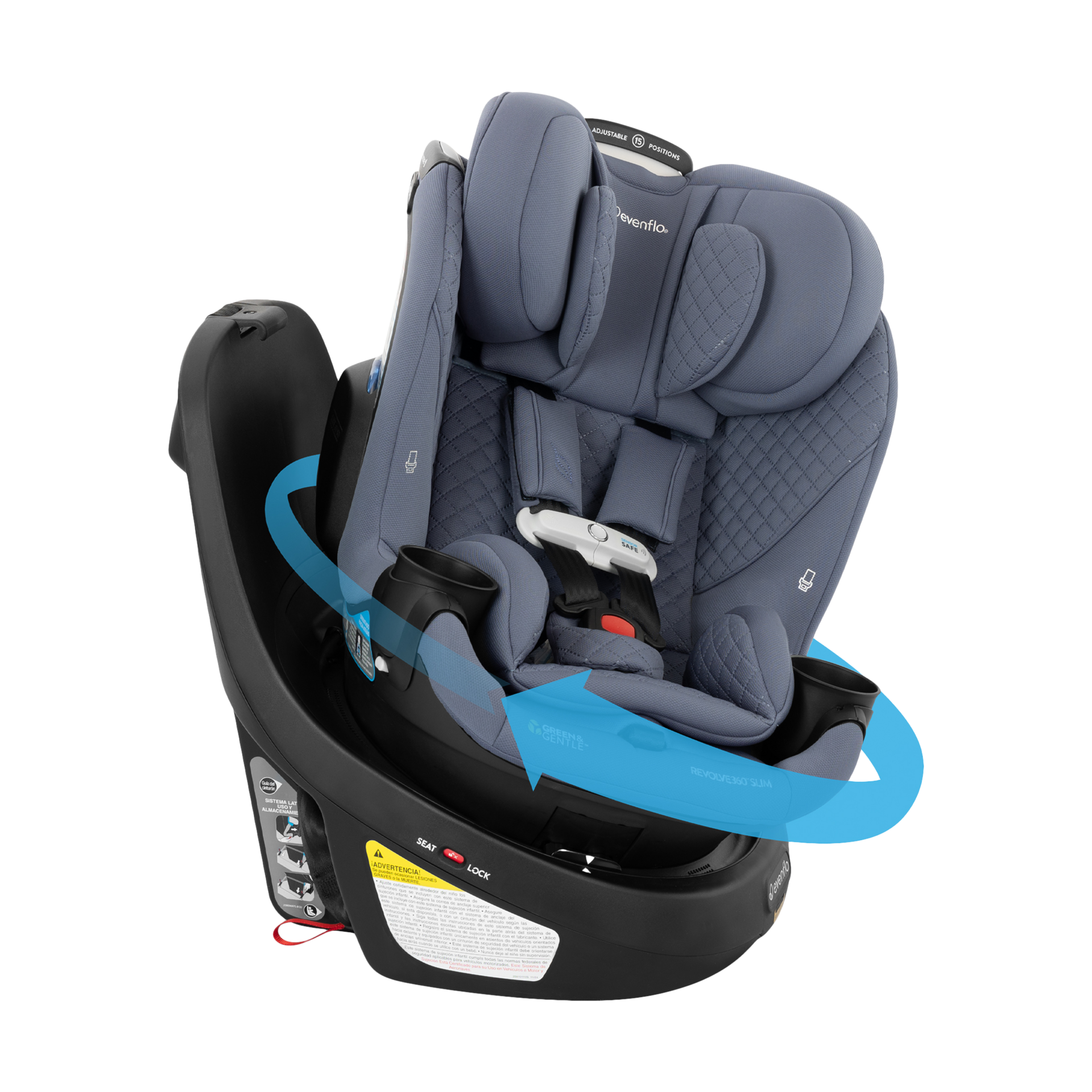 Evenflo Revolve360 Slim 2-in-1 Rotational Car Seat with Green & Gentle Fabric.