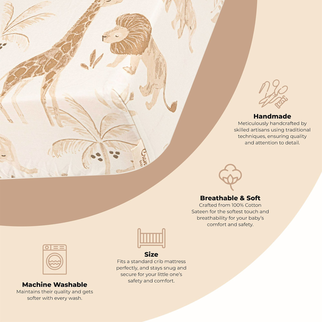 Crane Baby Cotton Sateen Crib Fitted Sheet - Kendi Animals.