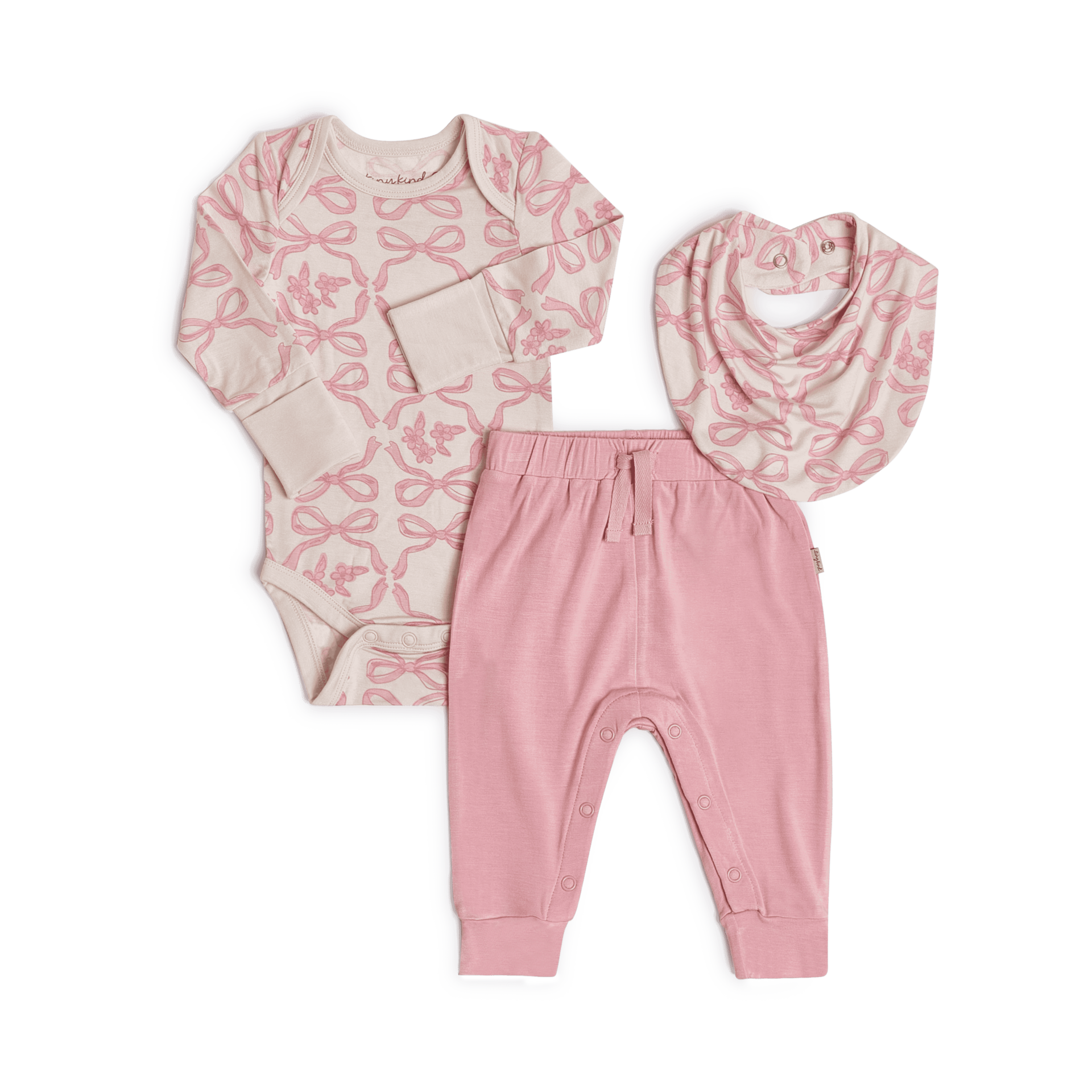 Tiny Kind Bamboo Viscose 3-Piece Outfit Set-Long Sleeve Bodysuit, Pants & Bib - Pink Bows, 3-6 M.