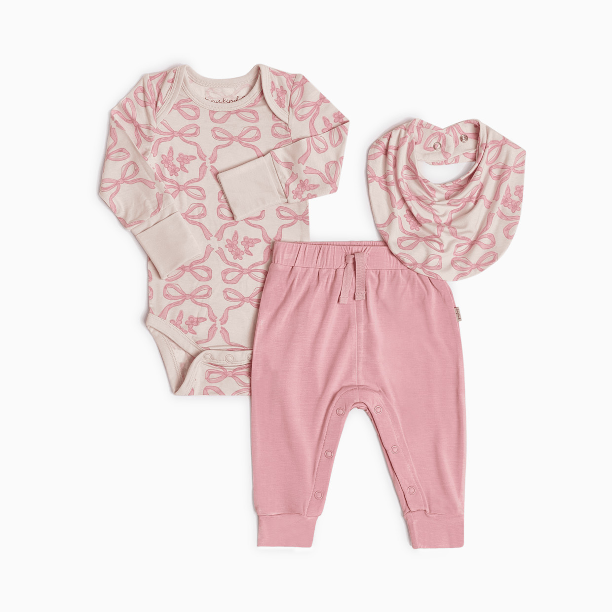 Tiny Kind Bamboo Viscose 3-Piece Outfit Set-Long Sleeve Bodysuit, Pants & Bib - Pink Bows, Nb.