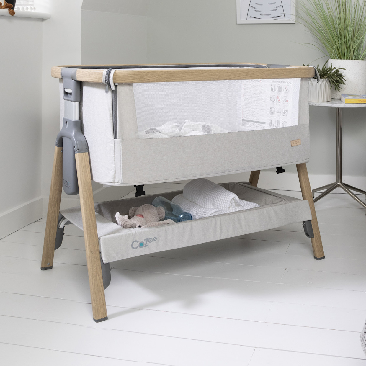 Tutti Bambini CoZee Bedside Crib - Oak/Sterling Silver.