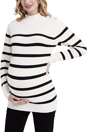 Bhome Maternity  Sweater Turtleneck Stripes Long Sleeve Knit Sweater Loose Pregnant Pullover with Buttons Top.