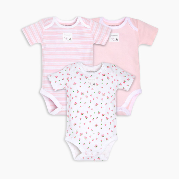 Burt's Bees Baby Organic Short Sleeve Bodysuit (3 Pack) - Tossed Tulips, 0-3 Months.