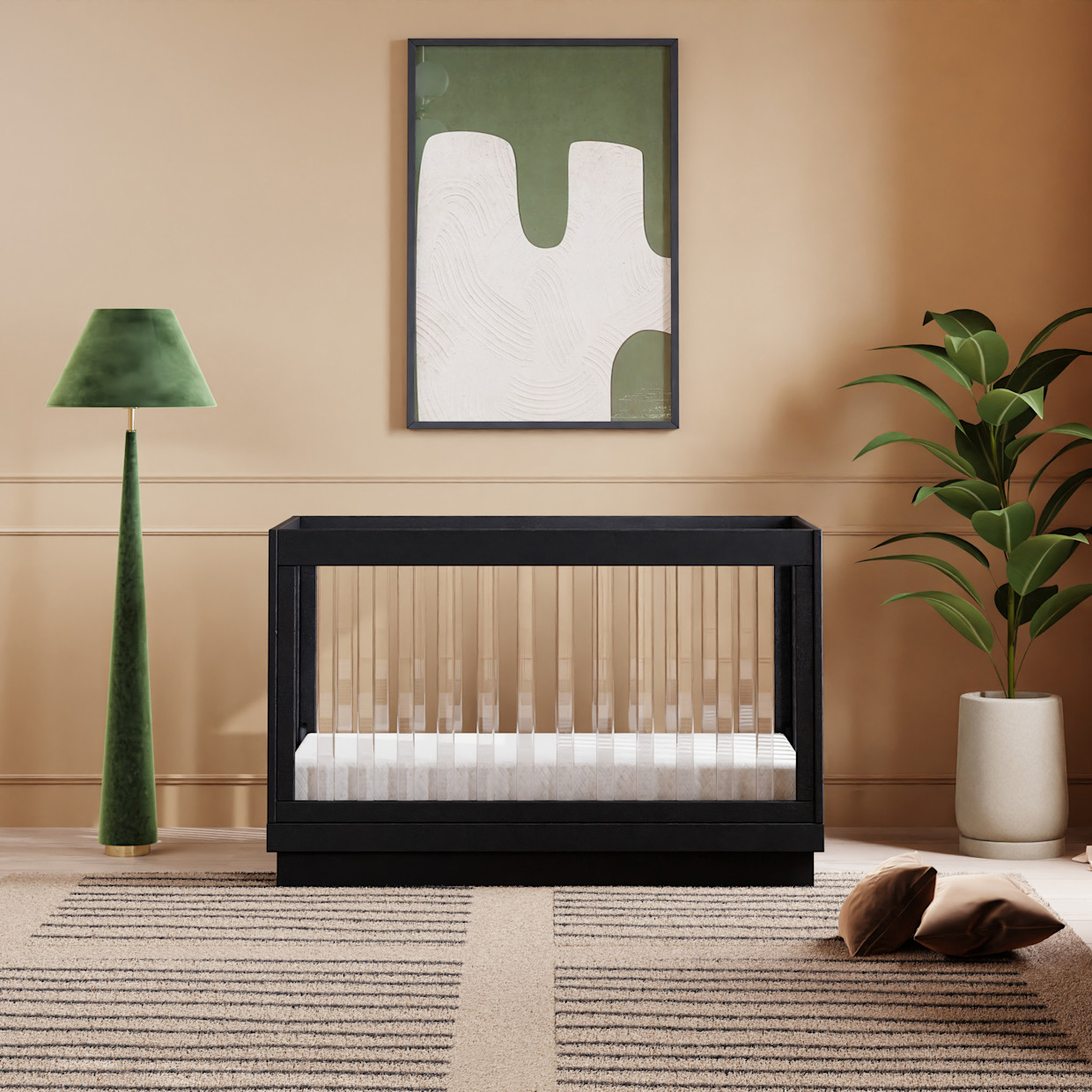 babyletto Harlow Acrylic 3-in-1 Convertible Crib with Toddler Bed Conversion Kit - Black With Black Base And Acrylic Slats.