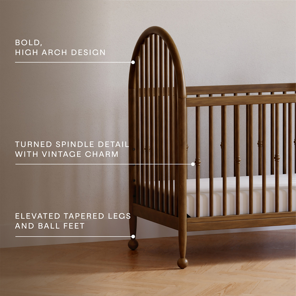 Namesake Alouette 3-in-1 Convertible Spindle Crib - Natural Walnut.