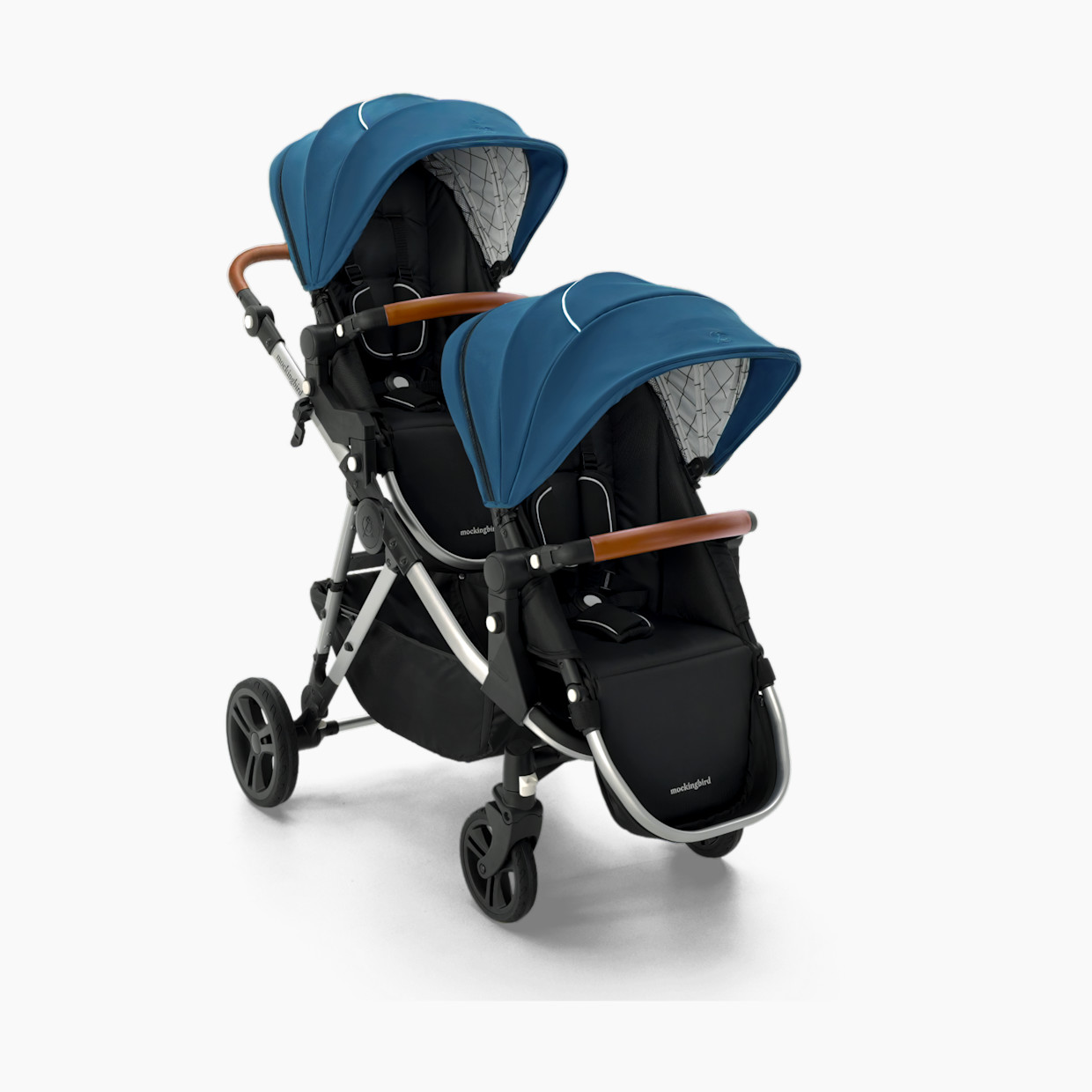Mockingbird Single-to-Double Stroller 2.0 - Sea/Windowpane Canopy With Penny Leather.