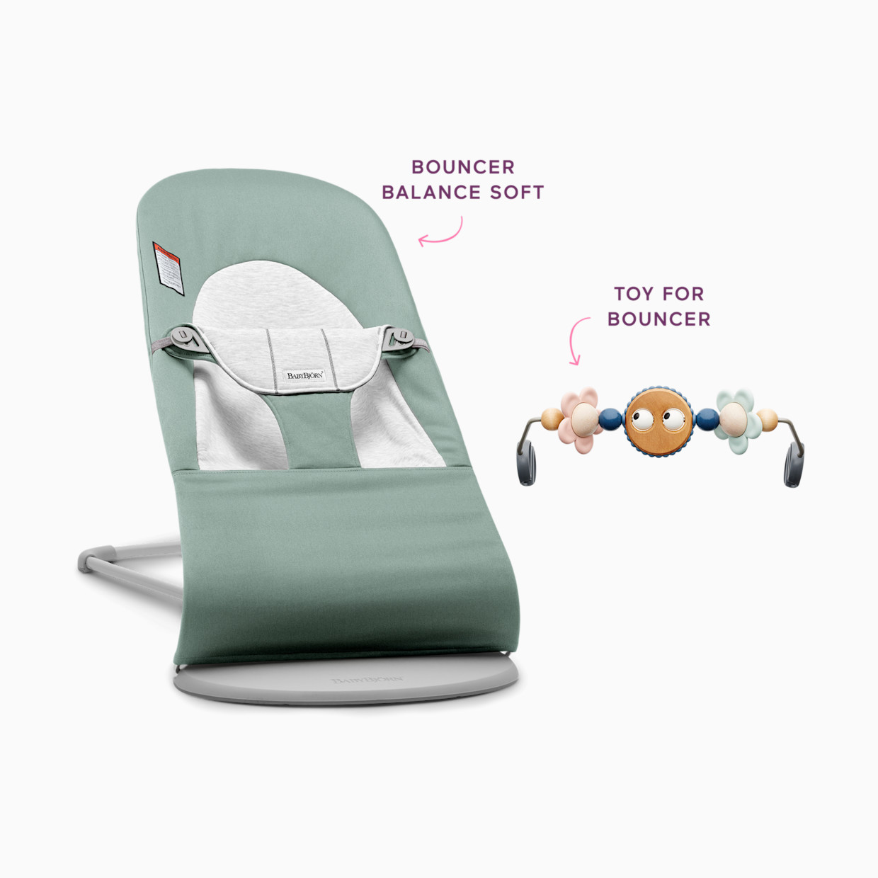 BabyBjörn Bouncer Balance Soft and Toy Bar Bundle - Light Sage/Pastels.